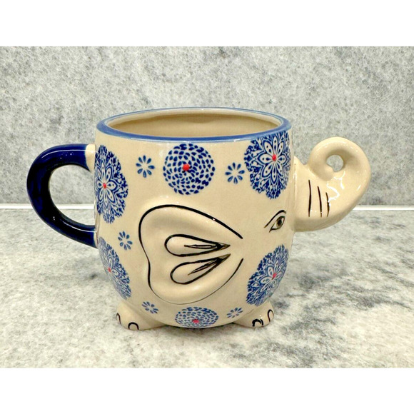 EARTHBOUND TRADING COMPANY Elephant Mug Cup Blue White Red Trunk Up - Picture 4 of 8